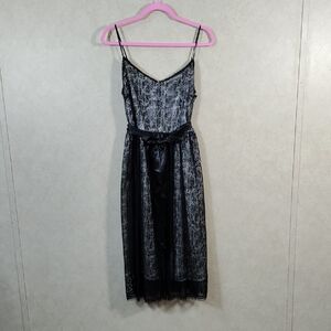 01104 DKNY Cream lined Black Lace sleeveless dress 6 NWT